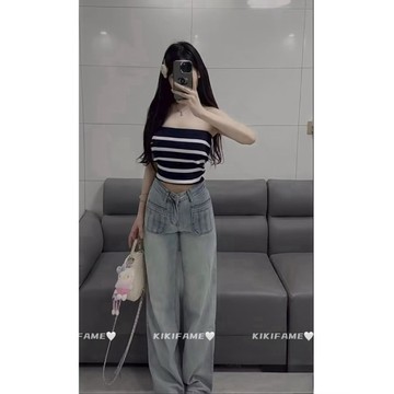 【𝐊𝐈𝐊𝐈𝐅𝐀𝐌𝐄】🩶高街𝓼𝓵𝓪𝔂.ᐟ.ᐟ✨質感字母條紋平口上衣 口袋牛仔長褲 條紋背心 撞色背心 牛仔褲 直筒牛仔褲