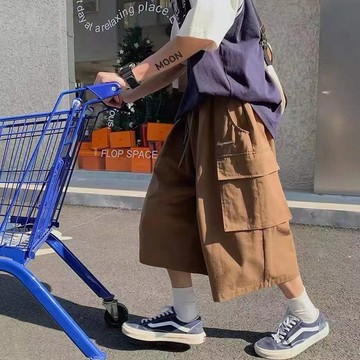 七分褲 韓系 男女 夏季七分褲男生寬鬆日系港風過膝短褲多口袋潮牌7分工裝闊腿中褲 街頭 嘻哈 情侶 短褲 中性風 七分短