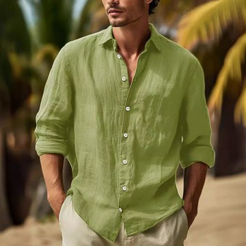 2023新款棉麻新款男士長袖襯衫純色翻領休閑風格襯衫`現貨鑫弘-衣錦男裝