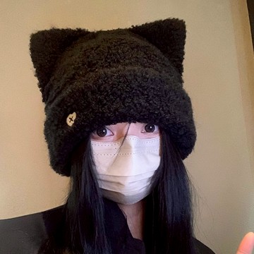 【太妮絲Z235】韓系 貓耳帽 貓耳・絨感保暖 小臉帽 毛帽 愛心 刺繡 可愛 保暖 羊羔絨毛帽 黑色帽子 白色
