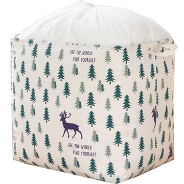 iSFun 手提棉麻束口衣物棉被收納袋 100L 特大(52 x 43 x 33cm) 森林馴鹿 防塵透氣  1個