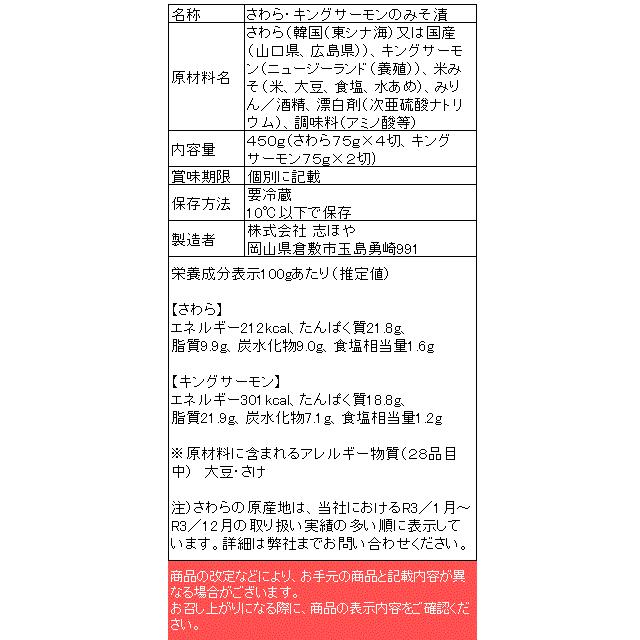 キングサーモン さわらのみそ漬 お祝 内祝 お返し お取り寄せ 高級 ギフト6切 キングサーモン2切 さわら4切