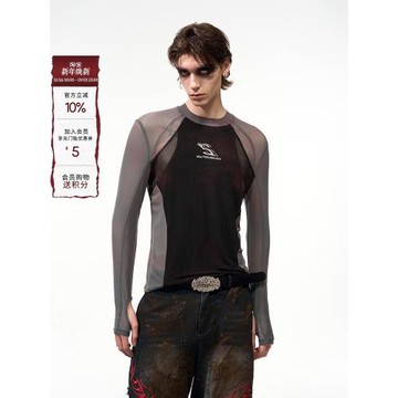 (免運)SEE 原創緊身網紗拼接長袖T恤男夏季半透明透氣露指內搭打底衫潮