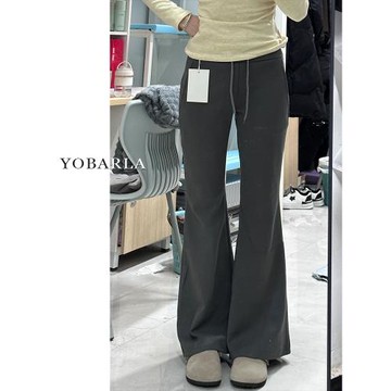 深灰色微喇休閑褲女秋季新款大碼胖mm彈力顯瘦梨形身材喇叭衛褲子