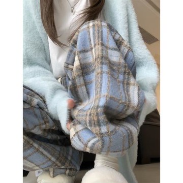 藍色加絨毛呢格子闊腿褲女秋冬款撞色格紋加厚休閑寬松顯瘦小個子