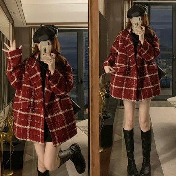 M-4XL 韓系紅色格子毛呢外套 加棉加厚外套 寬鬆顯瘦外套 秋天女裝 復古風穿搭 大尺碼女裝 聖誕節穿搭