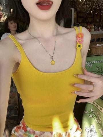 多巴胺雙肩帶吊帶背心女新款夏季花朵辣妹短款修身顯瘦外穿上衣潮 YC469