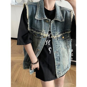 夏季復古做舊美式坎肩牛仔馬甲短外套女裝小眾設計感毛邊無袖馬夾