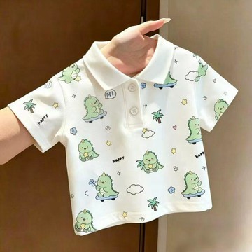 臺灣-出貨🔥夏季新款恐龍印花 POLO 衫 男寶可愛童趣短袖 兒童休閒百搭上衣 童趣休閒童裝  中大童日常服飾