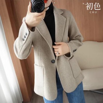 初色 純色寬鬆一粒扣西裝領長袖西裝外套女外套-燕麥色-38282(M-2XL可選)
