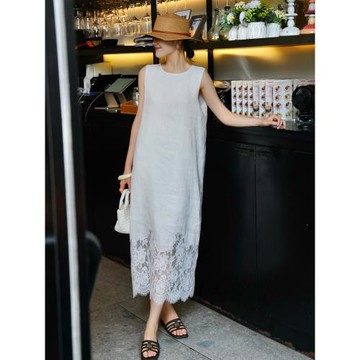(免運)25夏季新款氣質高級感無袖背心裙重工鏤空蕾絲拼接亞麻直筒連衣裙