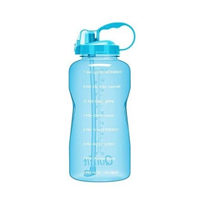 QuiFit ガロンモチベーションウォーターボトル ストロー&タイムマーカー付き BPAフリー 再利用可能 大型