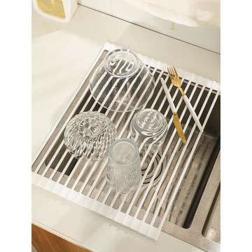 廚房水槽瀝水架碗盤碗碟水池置物架收納籃可折疊伸縮硅膠卷簾家用
