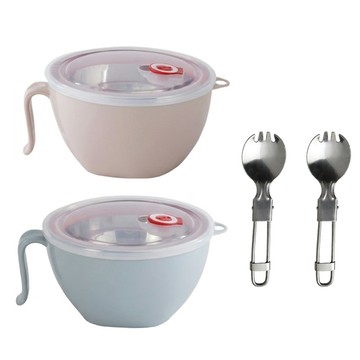 FL 生活 316不鏽鋼隔熱保鮮泡麵碗 1200ml 2入組 附上蓋 + 湯叉匙  蘇打藍 + 草莓粉  1組