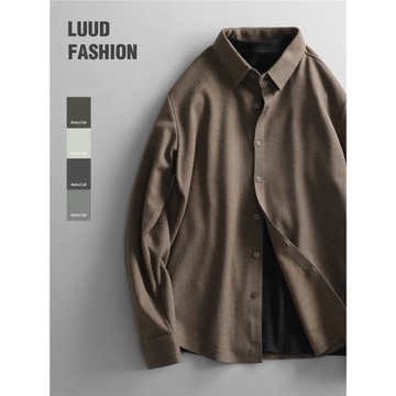 LUUD 濃郁復古磨毛呢料長袖襯衫男保暖百搭秋冬襯衣簡約翻領外套