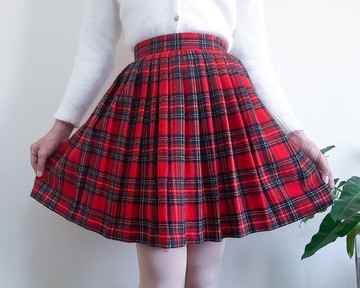 復古 20 世紀 70 年代紅綠格紋百褶迷你裙 XS 碼腰圍 25 英寸