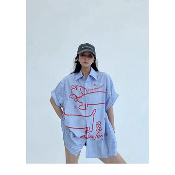 【RICECAKE & OISIS】美式復古 卡通狗狗 短袖襯衫 高級感 百搭 oversize 上衣 女