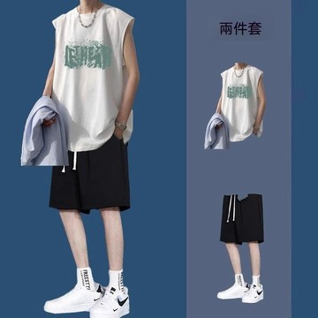 夏季男士背心套裝無袖t恤衣服搭配短褲一套痞帥氣休閒運動兩件套