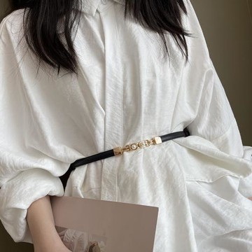 日本啞光黑色腰帶女細真皮裝飾配裙子收腰百搭珍珠對扣女式小皮帶