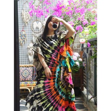 泰國手工扎染純棉荷葉邊音樂節T恤東南亞大版波西米亞風連衣裙