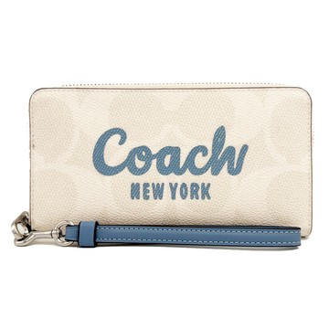 【COACH】C LOGO手掛式拉鍊零錢袋長夾(白/藍)
