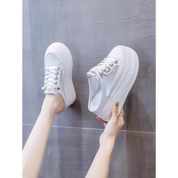 內增高跟半拖鞋女鞋子松糕涼拖鞋2025年夏季爆新款網紗厚底小白鞋