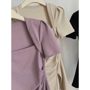 法式純欲風開叉方領短袖t恤女2025夏季設計感別致修身氣質上衣服