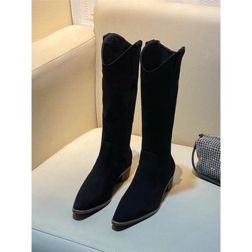 西部靴女V口尖頭粗跟顯瘦騎士靴絨面大筒圍不過膝高筒堆堆女長靴