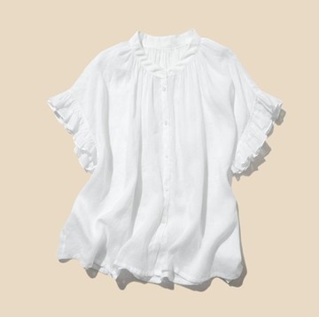 觸感輕盈舒適，夏日必備襯衫，荷葉袖，100%亞麻 220513-1