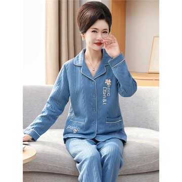秋冬季中年媽媽睡衣女夾層純棉長袖中老年人空氣棉家居服2024新款