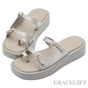 【Grace Gift】套趾舒芙蕾微厚底涼拖鞋 灰