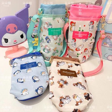 日系卡通可愛貓咪水杯套萌趣少女心鯊魚貓新款斜挎便攜抽繩單肩包