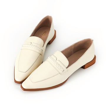 全真皮編織橫帶尖頭低跟樂福鞋 白色