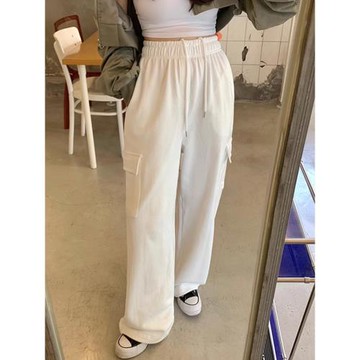 韓國chic早秋美式時髦高腰系帶休閑褲百搭大口袋闊腿工裝褲長褲女