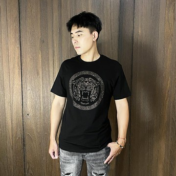 美國百分百【全新真品】GUESS T恤 棉質 短袖 圓領 上衣 T-shirt 獅子 水鑽 短T 黑色 DD86