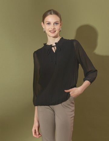 ★【喜芝梅】暗夜絲影 簡約風繫帶純色長袖雪紡上衣(黑色；M-3L) 224470806