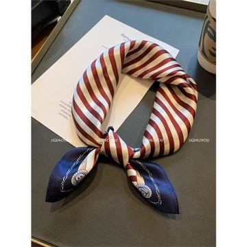 李喬優高定真絲絲巾復古酒紅色北歐條紋方巾高級感送禮百搭領巾女