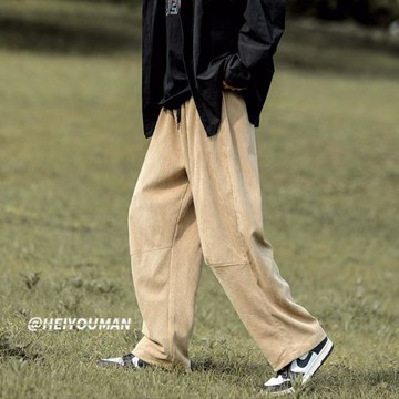燈芯絨休閑褲子男秋季百搭直筒闊腿褲潮流寬松拖地褲日系復古長褲