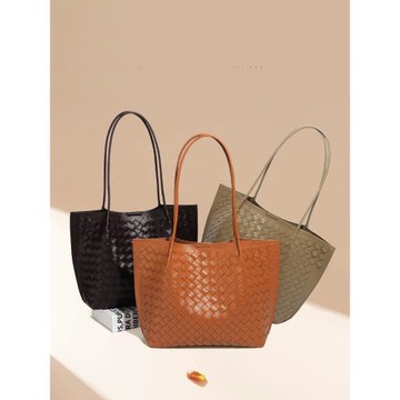 新款通勤撞色真皮手工編織托特包百搭休閑大容量時尚質感單肩包女