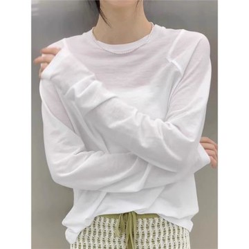 白色正肩長袖T恤女2025春秋氣質內搭打底衫上衣冬季新款防曬罩衫