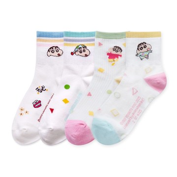 【ONEDER 旺達】蠟筆小新系列中統襪 羅紋坑條長襪 台灣製棉女襪