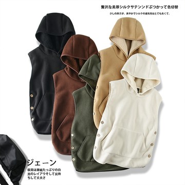【CS22】輕日系羊羔絨側鈕扣休閒連帽背心 M-3XL