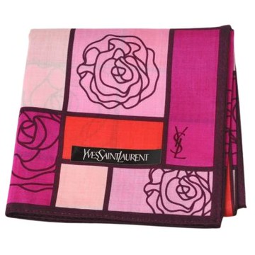 YSL Yves Saint Laurent 繽紛玫瑰方塊圖騰YSL字母LOGO帕領巾(粉紅/紫色/51CM)