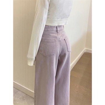 紫色闊腿牛仔褲女秋季新款設計感小眾高腰顯瘦寬松大碼直筒長褲子