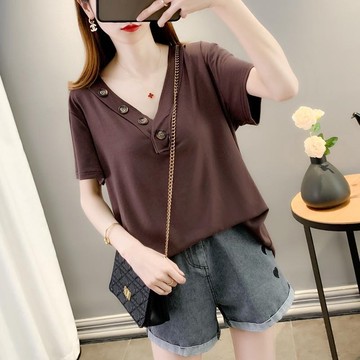 大V領上衣 V領薄款T恤 夏季ins風 鈕扣設計 寬鬆休閒上衣 150kg大尺碼女生適穿