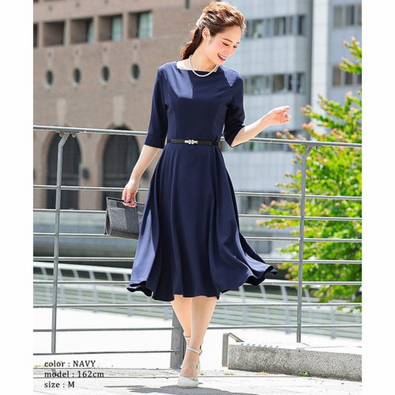 Fashion Letter 結婚式 ドレスワンピース オケージョンワンピース パーティードレス ハイウエスト ベルト付 謝恩会 膝丈 パーティ フォーマル 七分袖 母 ママ 二次会 女子会 お呼ばれ M L Xl 大きいサイズ ネイビー ブラック ピンク 30代 40代 50代 ブルー M レディース 通販