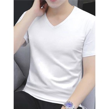 男士短袖t恤男夏季新款雞心領純色純棉V領修身內搭打底衫體恤上衣