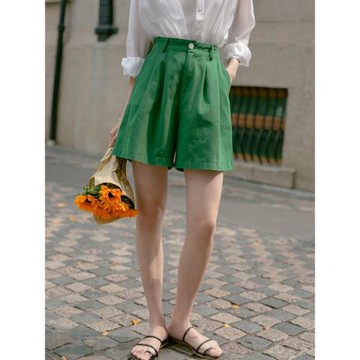 秋曦遮肉寬松薄款綠色短褲女夏高腰百搭五分休閑褲小個子闊腿褲子
