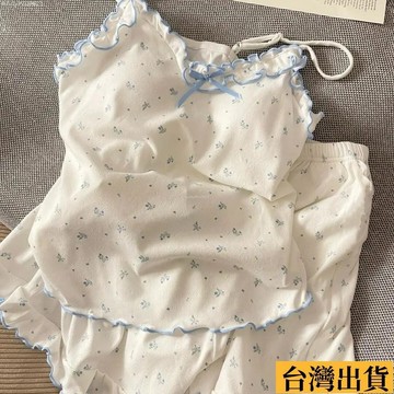 🌈台倉出庫🌈 甜美碎花吊帶睡衣夏天女 新款韓係少女帶胸墊蝴蝶結家居服兩件套