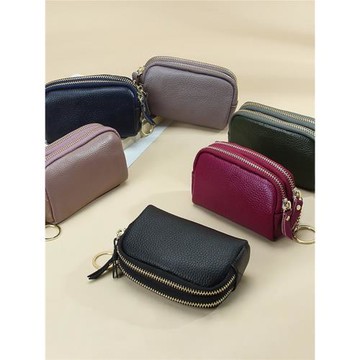 新款真皮雙拉鏈零錢包多功能大容量手拿硬幣包橫款簡約鑰匙收納包